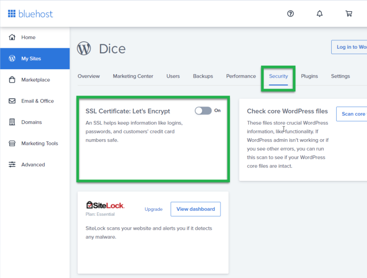 SSL certificate provided by Bluehost